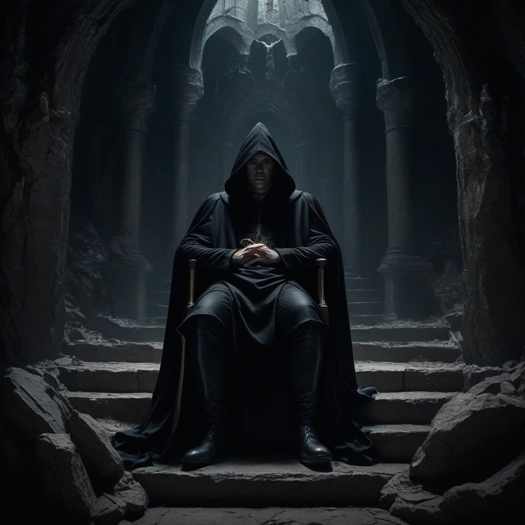  judge on the throne. black dungeon. a man in a cloak and hood. the man in the grotto.