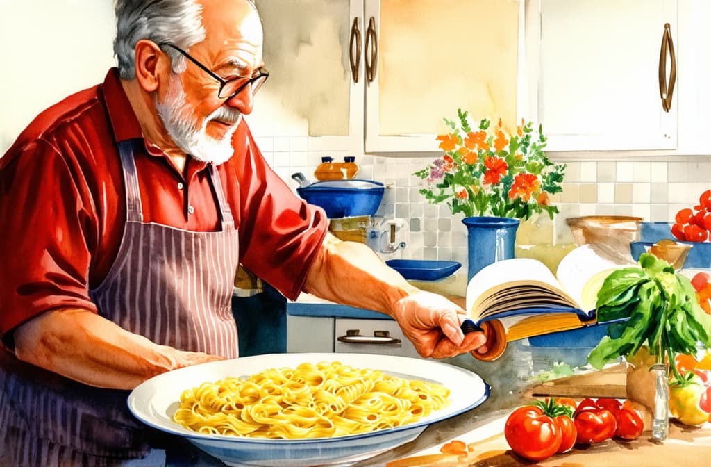  artwork a senior man preparing a homemade pasta dish in his kitchen, with fresh ingredients laid out and a recipe book open on the counter. ar 3:2, watercolor techniques, featuring fluid colors, subtle gradients, transparency associated with watercolor art