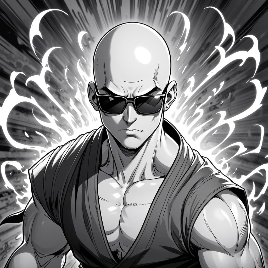  manga artwork a male young bald monk,he has johnny cage appearance,make him serious with some menacing aura around him,draw him manga style black and white during a impact frame,he wears sun glasses impact frames. manga artist. manga, highly emotional. best quality, high resolution