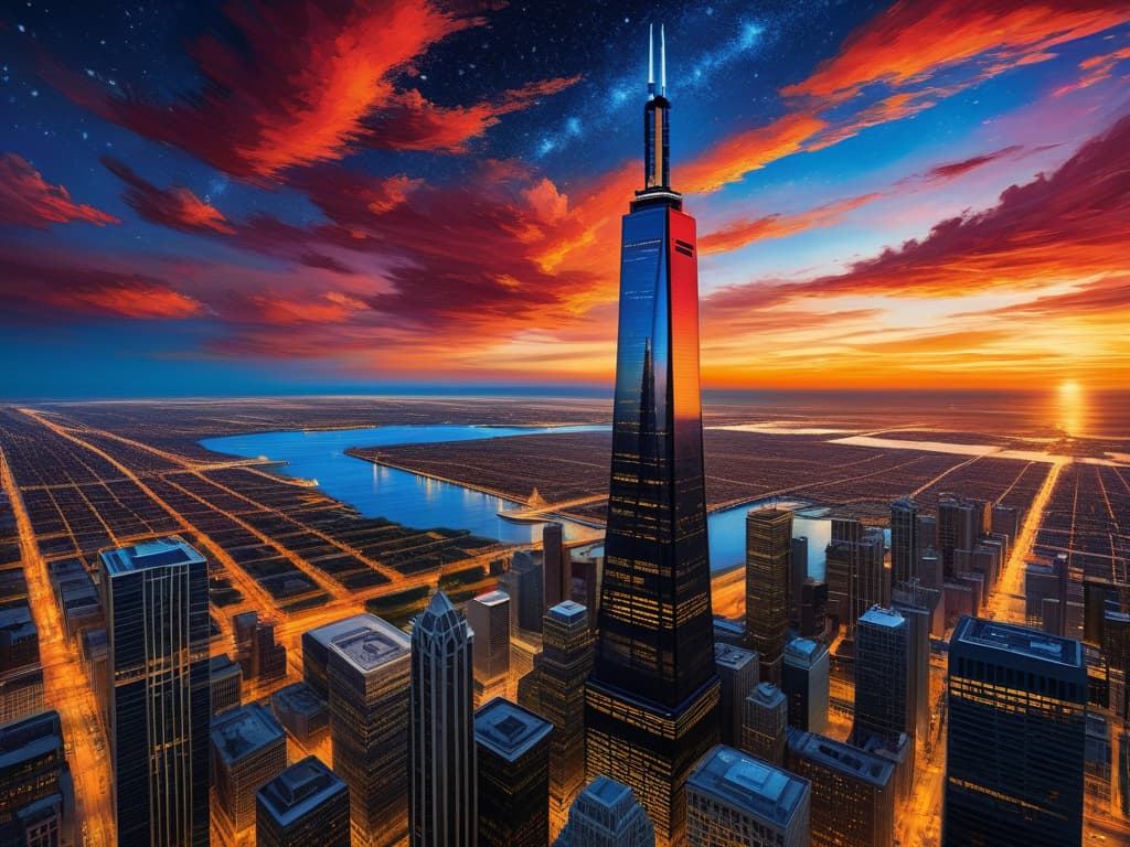  ethereal fantasy concept art of sears tower, crain's communications building, drone view, tilt shift, van gogh's starry night, colorful red orange swirls, cloud gate, hyper realistic, chicago skyline, mesmerizing, intricate details, flambient golden red sunrise, dramatic lighting, epic composition, wide angle, cinematic, masterpiece, 4k, raw photo, van gogh influence, studio lighting, impressionist, bold colors, starry sky, architectural elements, medium format lens, high angle, cityscape, city life, metropolitan, van gogh's brushstrokes, van gogh's shadows, van gogh's colors, van gogh's textures, nighttime, city scene, streets, night cityscape. magnificent, celestial, ethereal, painterly, epic, majestic, magical, fantasy art, cover art, dr