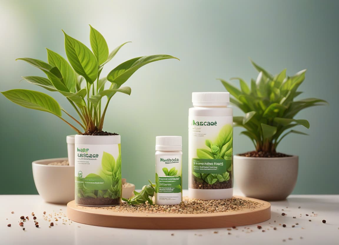  product photography, a plant nutrition solution, arisaaceae plants as the background, the product in the middle, soft light