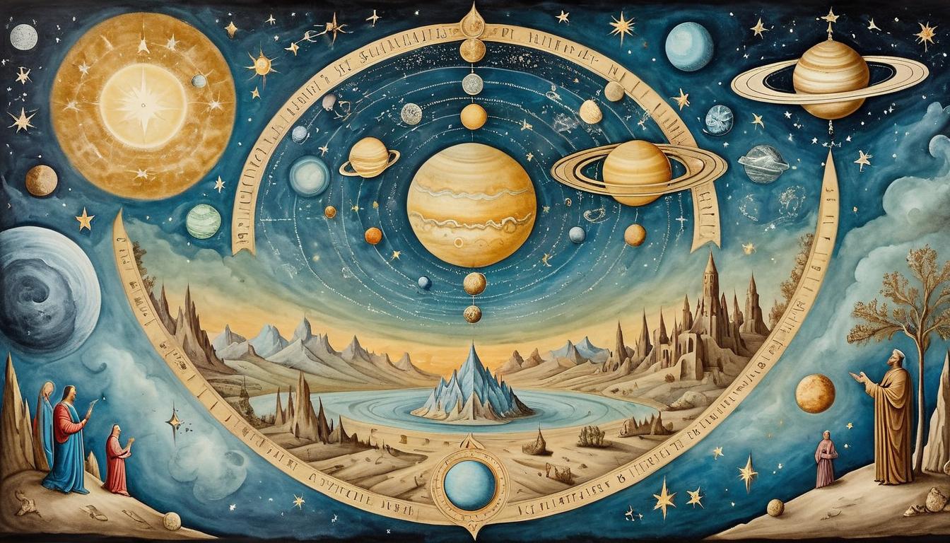  on parchment, surrealism+++, a weightless cosmic scene, celestial harmony, alignment of planets and stars, divine intention and order(mysterious, provocative, symbolic,muted color)+++