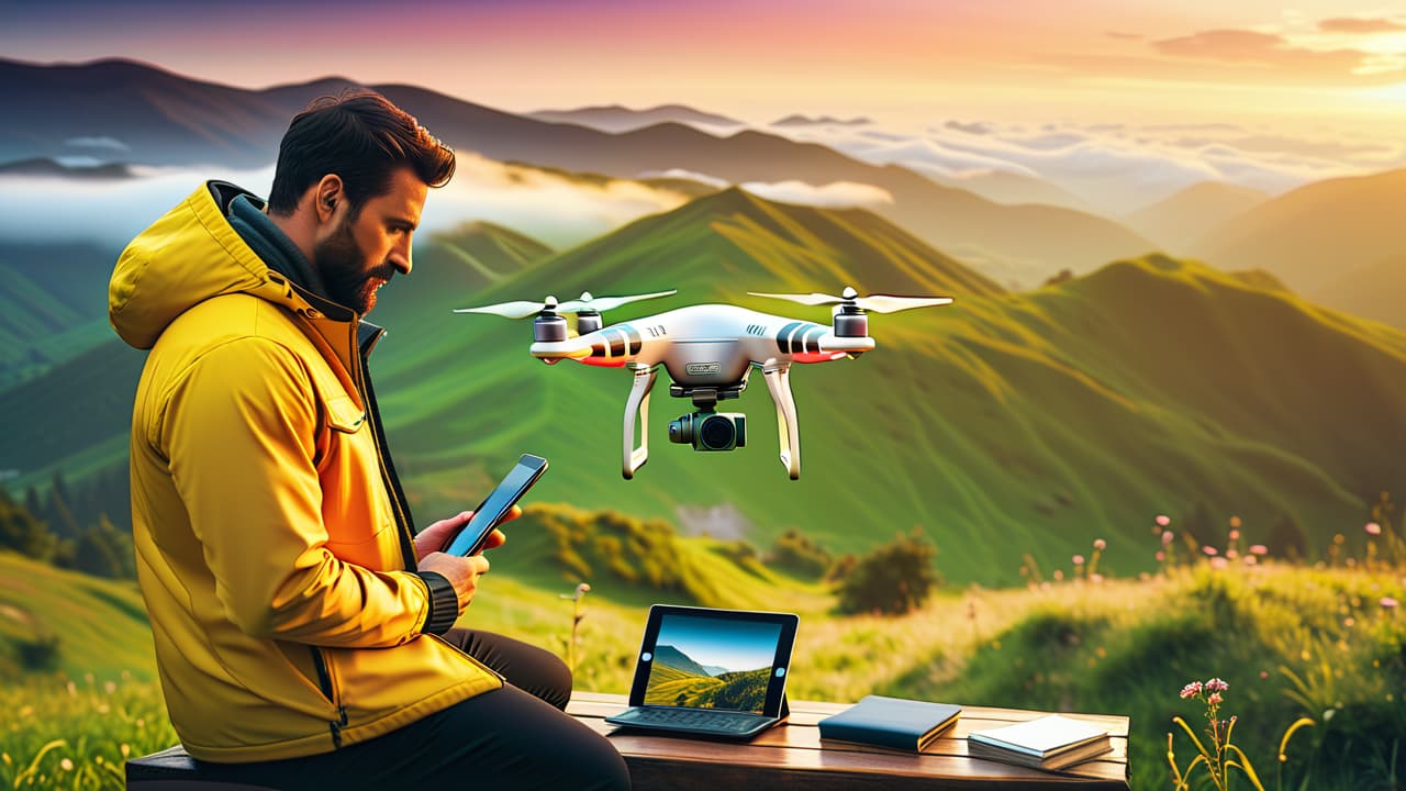  an aerial view of a drone hovering above a picturesque landscape, capturing vibrant scenery below. nearby, a professional photographer reviews images on a tablet while a detailed pricing sheet is subtly visible in the foreground. hyperrealistic, full body, detailed clothing, highly detailed, cinematic lighting, stunningly beautiful, intricate, sharp focus, f/1. 8, 85mm, (centered image composition), (professionally color graded), ((bright soft diffused light)), volumetric fog, trending on instagram, trending on tumblr, HDR 4K, 8K