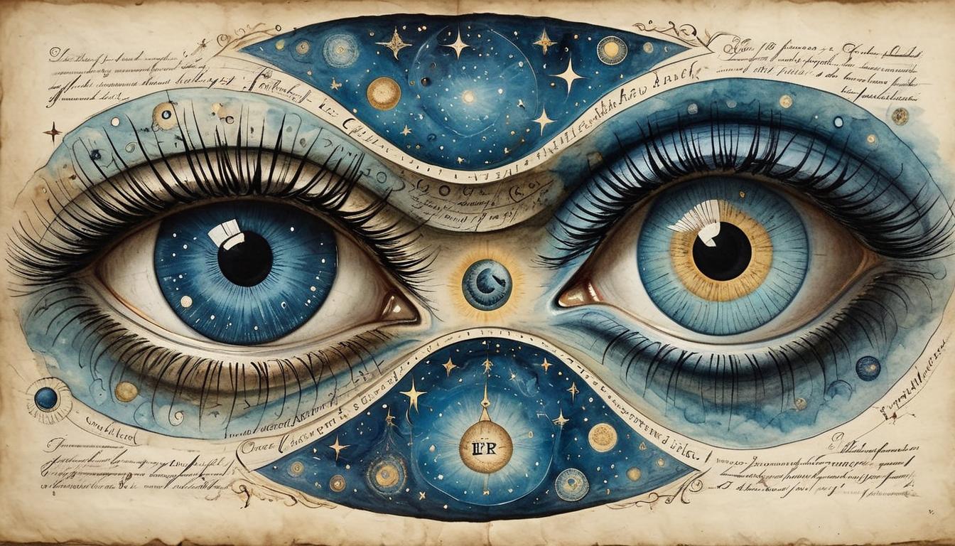  on parchment, surrealism+++, a pair of eyes reflecting the cosmos, stars and galaxies within the pupils, emphasizing seeing deeper truths, celestial, profound insight(mysterious, provocative, symbolic,muted color)+++