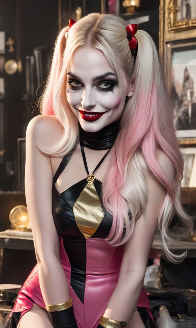  concept art pink, gold, black, white margot robbins as harley quinn costume . digital artwork, illustrative, painterly, matte painting, highly detailed, perfect hands