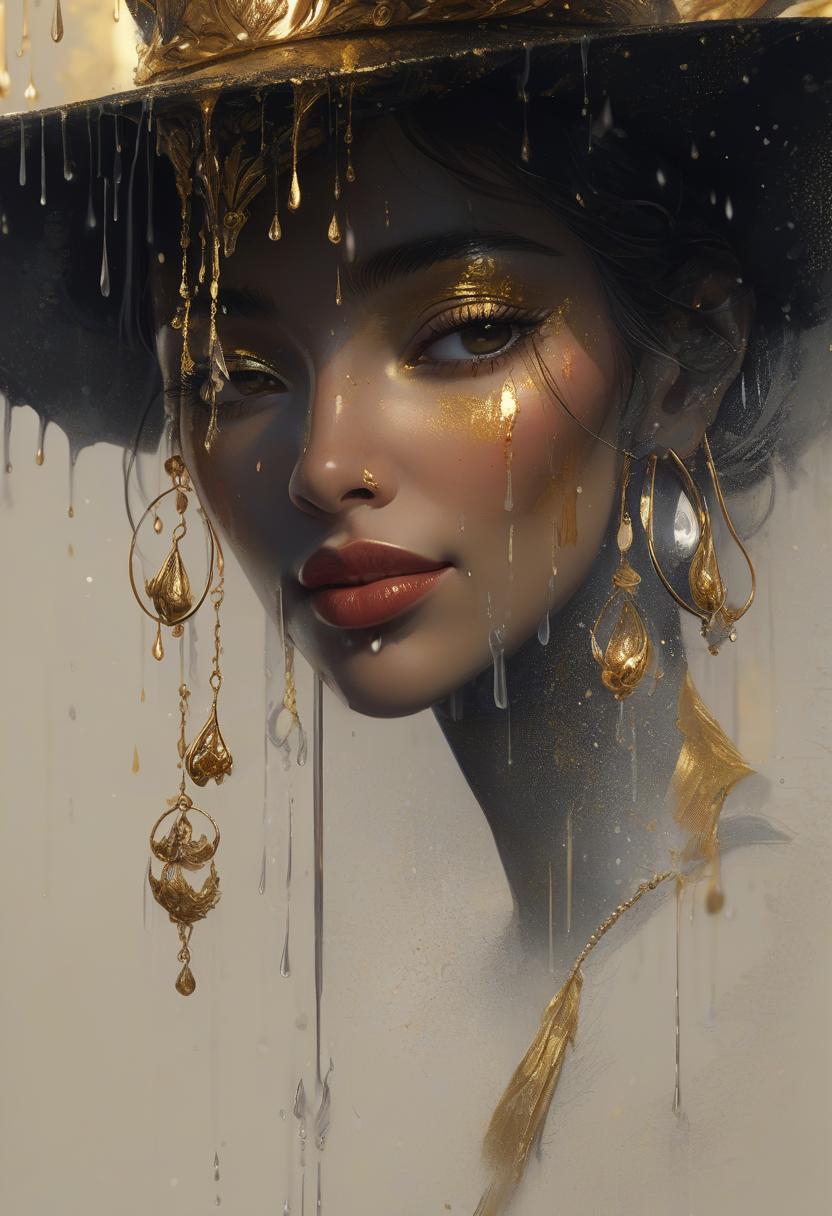  (masterpiece, best quality, trending on artstation, 8k, uhd, unity, official art, rich detail:1.2), beautiful woman, golden hat, intricate details on the hat, (earring:1.3), (dripping gold:1.3), stunning and richly textured background, warm colors, gleeful atmosphere, vibrant and dynamic composition, diagonal shot, looking at viewer.