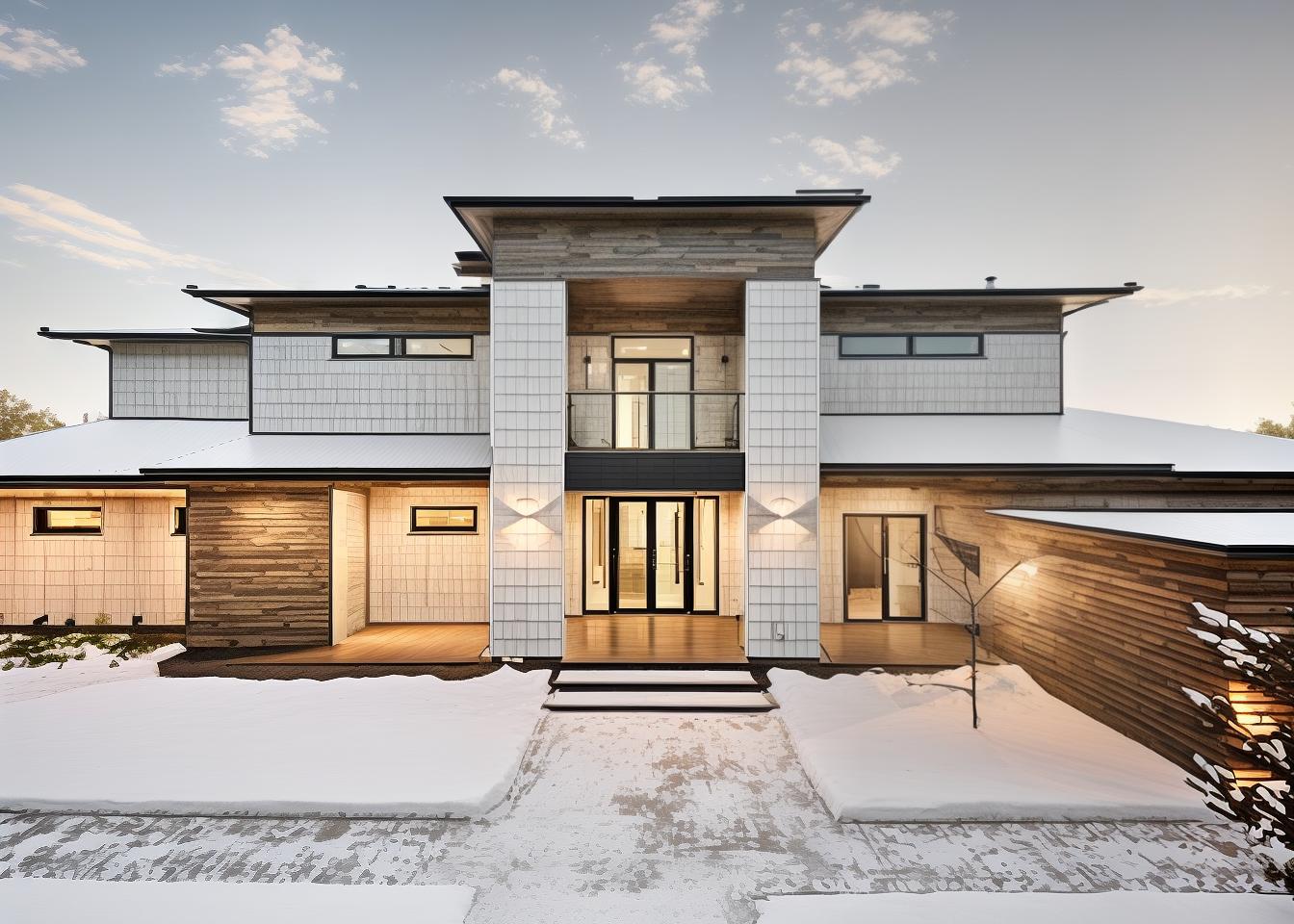  generate an image of a house facade in a modern farmhouse style. use a pitched metal roof, white or light colored siding, black window frames, and a welcoming front porch. the design should balance rustic charm with contemporary elements, creating a warm and inviting appearance.