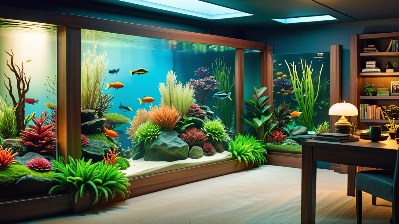  a vibrant aquascape featuring a beautifully arranged aquarium with colorful fish, aquatic plants, and decorative elements, alongside a variety of fishkeeping supplies like tanks, filters, and food, all set against a cozy room backdrop. hyperrealistic, full body, detailed clothing, highly detailed, cinematic lighting, stunningly beautiful, intricate, sharp focus, f/1. 8, 85mm, (centered image composition), (professionally color graded), ((bright soft diffused light)), volumetric fog, trending on instagram, trending on tumblr, HDR 4K, 8K