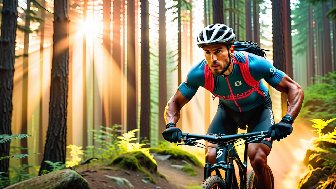  a muscular mountain biker navigating a rugged trail, surrounded by towering trees and rocky terrain, showcasing powerful leg muscles and a determined expression, with a vibrant sunset casting warm light on the scene. hyperrealistic, full body, detailed clothing, highly detailed, cinematic lighting, stunningly beautiful, intricate, sharp focus, f/1. 8, 85mm, (centered image composition), (professionally color graded), ((bright soft diffused light)), volumetric fog, trending on instagram, trending on tumblr, HDR 4K, 8K