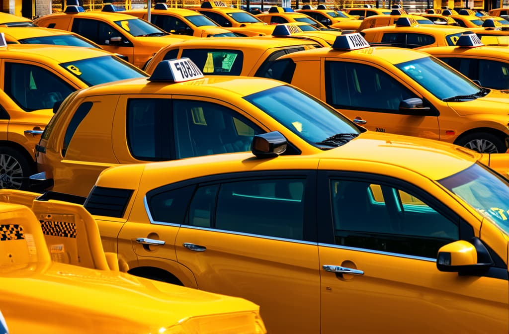  many yellow taxi cars are standing in a row one after another, close up ar 3:2 {prompt}, maximum details