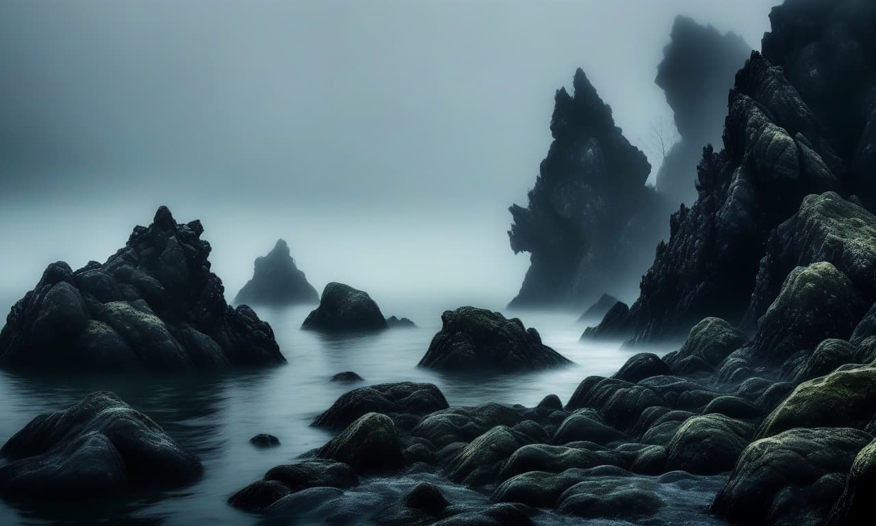  horror themed black mossy rocks. the rocks stand in the middle of the black sea. fog . eerie, unsettling, dark, spooky, suspenseful, grim, highly detailed