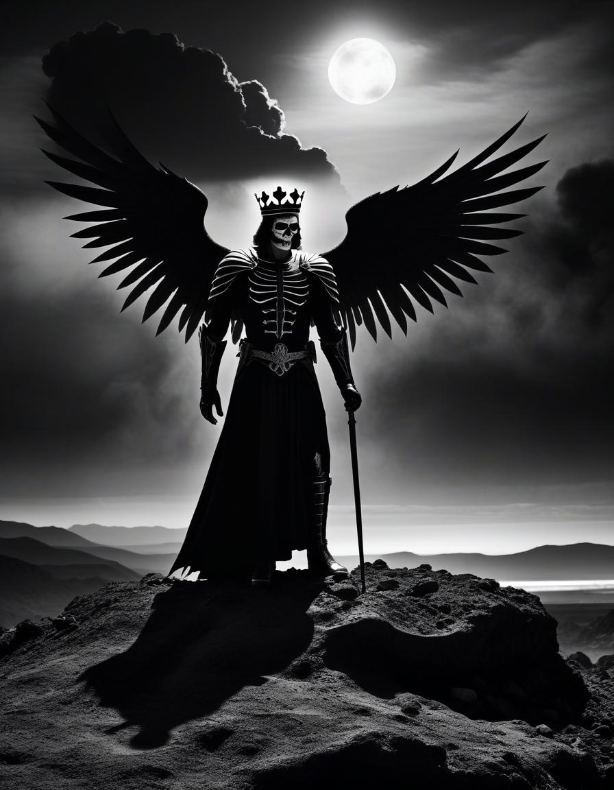  film noir style lucifer is on his knees, skeletal wings, with white skin, in black armor and a crown, looking at the sky, crying fire, fiery tears, standing on a rock, around wasteland, fiery sky. . monochrome, high contrast, dramatic shadows, 1940s style, mysterious, cinematic