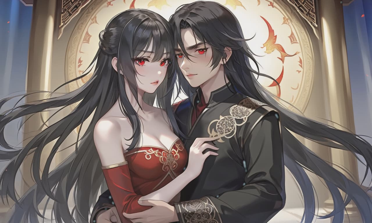  breathtaking realistic photo, two people, a character from the novel “system save yourself for the main hero”, lo binghe, a young man in black. long black hair to the waist, red eyes, demonic mark on the forehead, next to him a girl is blonde, blonde hair to the shoulder blades, european face type, light skin, blue eyes, plump lips, small tummy at the bottom at the waist bedside . award winning, professional, highly detailed, hkmagic