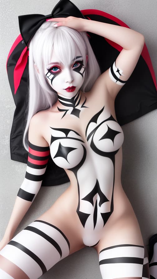  Full body chessboard check body paint, white face paint on the face, succubus、White body paint all over the body 女性