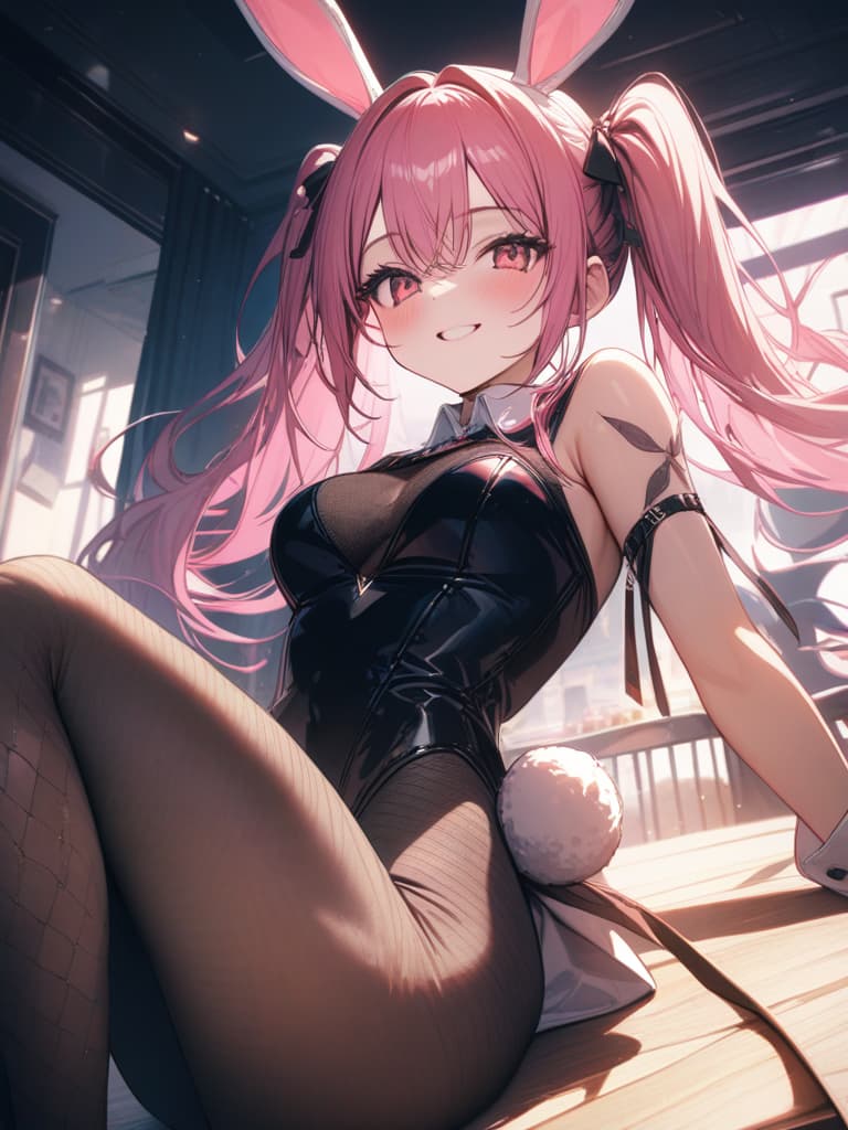  pink hair, bunny , twin tail, net tights, , bunny suit, , smile, bunny clothes, , open legs, masterpiece, best quality,8k,ultra detailed,high resolution,an extremely delicate and beautiful,hyper detail