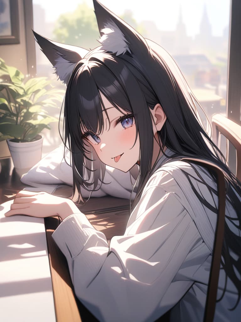  fox ears, smiles, hair tip blue, black hair, tongue pero, cute, virtual, shortcut, masterpiece, best quality,8k,ultra detailed,high resolution,an extremely delicate and beautiful,hyper detail