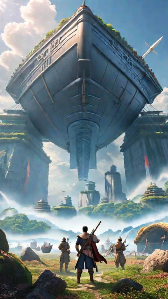  anime art: giant joy boy amidst poneglyphs, with colossal noah ship and elbaf's giants in background. hyperrealistic, full body, detailed clothing, highly detailed, cinematic lighting, stunningly beautiful, intricate, sharp focus, f/1. 8, 85mm, (centered image composition), (professionally color graded), ((bright soft diffused light)), volumetric fog, trending on instagram, trending on tumblr, HDR 4K, 8K