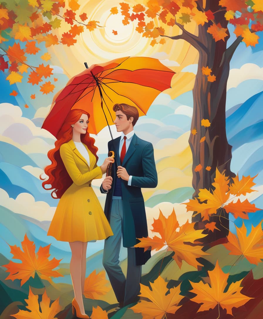  (oil painting, multi layered exposure:1.4), depicting (two lovers under an umbrella:1.3) with a surreal image of green, yellow, purple, orange maple leaves on the background of an umbrella by (layering of the composition:1.5). swirled (swirl of autumn leaves:1.4). in the hand of a refined, modest girl with an elegant figure (an original bouquet of maple leaves:1.5) and red (mountain ash:1.5). (a handsome young man gently holds an umbrella:1.6) over a confused attractive companion with long red hair. cozy warm striped (scarf). (background of the composition: sky, rising sun:1.6). a lively illustration with bright accents of autumn, shows the warmth and beauty of autumn with its bright colors and intricate details. soft lighting, (romantic at