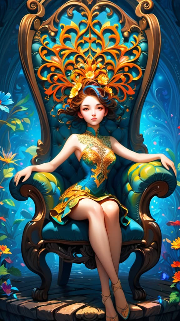  1girl Sitting on a chair,(masterpiece, top quality, best quality, official art, beautiful and aesthetic:1.2), (1girl), extreme detailed,flowers,(fractal art:1.3),colorful,highest detailed