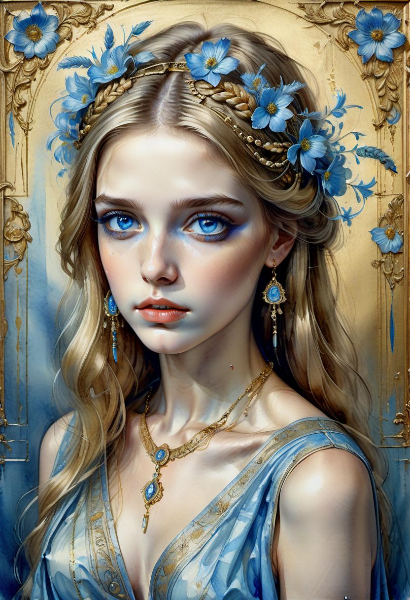  hdr photo of a very beautiful girl in the image of icon painting, in a gilded ornate frame with a penitent look of large expressive blue eyes and with wheat hair on a straight partition, with delicate blue flowers in the form of jewelry in her hair, in falling clothes of light blue tones, in the background of blue golden stripes of blur, a portrait of a girl to the waist. watercolor painting. . high dynamic range, vivid, rich details, clear shadows and highlights, realistic, intense, enhanced contrast, highly detailed, on parchment