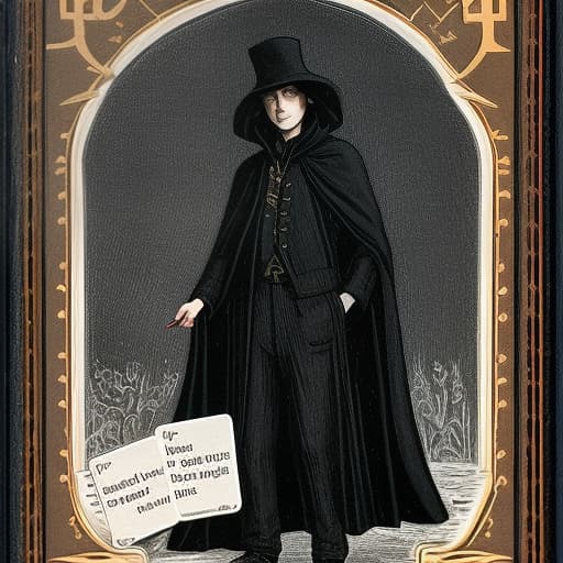  a man, a long black cloak with a bunch of pockets, black pants with a lot of pockets, a hat with cards on it,