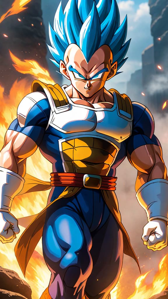  anime art: vegeta from dragon ball achieving a new transformation beyond super saiyan blue. hyperrealistic, full body, detailed clothing, highly detailed, cinematic lighting, stunningly beautiful, intricate, sharp focus, f/1. 8, 85mm, (centered image composition), (professionally color graded), ((bright soft diffused light)), volumetric fog, trending on instagram, trending on tumblr, HDR 4K, 8K