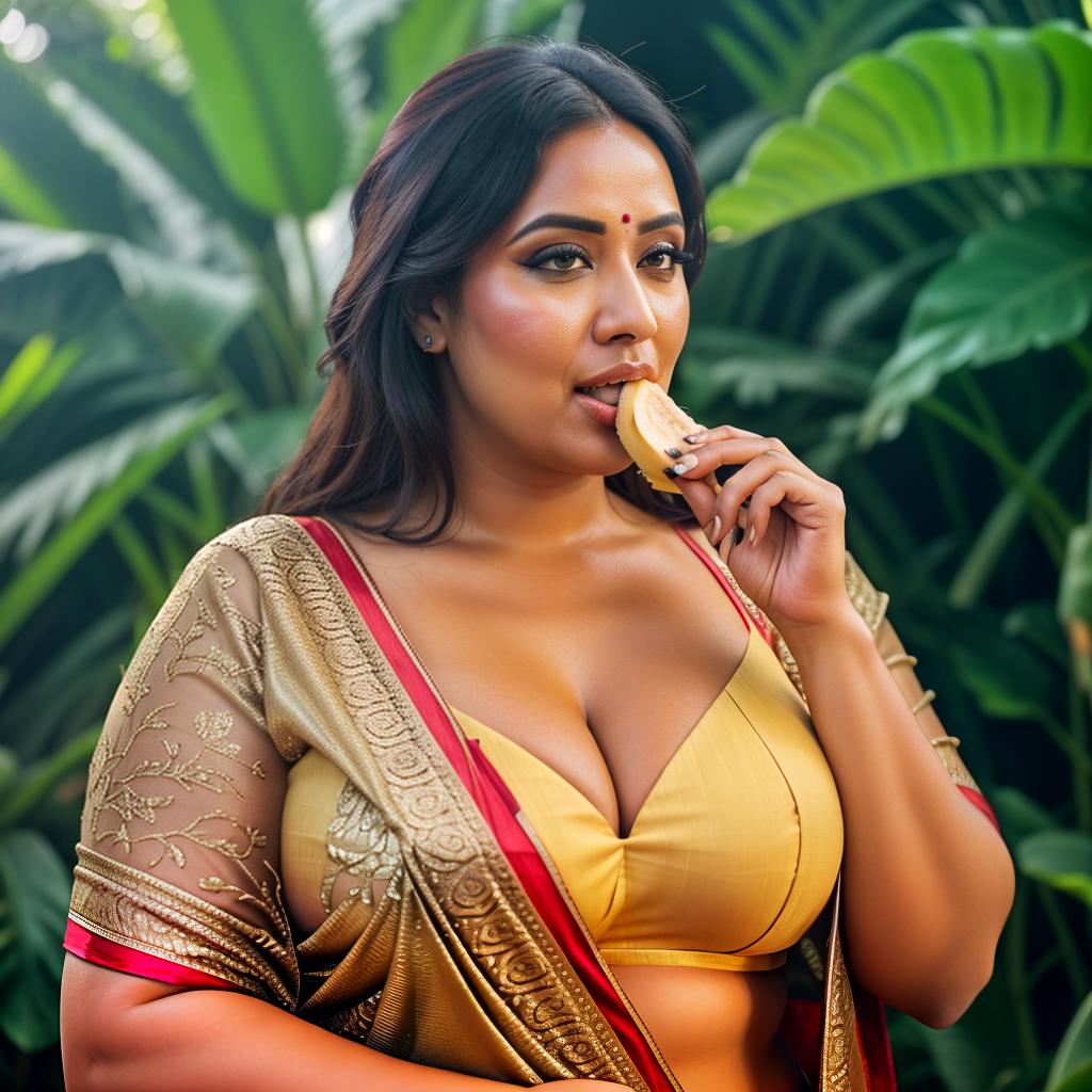  A Huge chubby Woman Eating  Banana in, Saree and pallu, Clean face, Banana Trees, No saturation, low vibrant, portrait hyperrealistic, full body, detailed clothing, highly detailed, cinematic lighting, stunningly beautiful, intricate, sharp focus, f/1. 8, 85mm, (centered image composition), (professionally color graded), ((bright soft diffused light)), volumetric fog, trending on instagram, trending on tumblr, HDR 4K, 8K