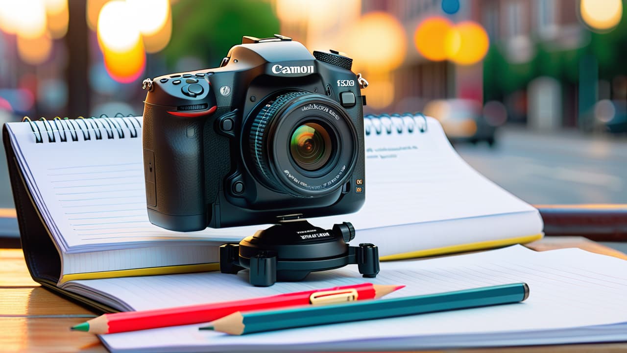  a close up of a camera with a blurred background of a cityscape. a notepad with a pencil lies beside it, showcasing a detailed pricing list, while soft natural light illuminates the scene. hyperrealistic, full body, detailed clothing, highly detailed, cinematic lighting, stunningly beautiful, intricate, sharp focus, f/1. 8, 85mm, (centered image composition), (professionally color graded), ((bright soft diffused light)), volumetric fog, trending on instagram, trending on tumblr, HDR 4K, 8K