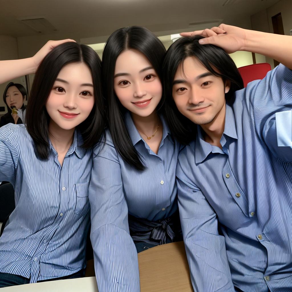  masterpiece, best quality, A selfie of a young woman and a mature man. The woman is golden skin and nut long hair wearing a black and white striped shirt, and The man is white skin taper hair short beard wearing a blue and white checkered shirt. They are both smiling and looking at the camera. The woman is holding the camera for a selfie, emphasizing her bump. The background is dimly lit. The post shows the time and date as 5:05 AM, 29th February, 2024. Birds-eye view