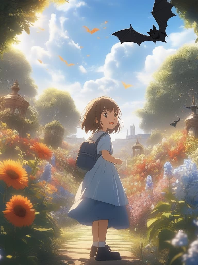  the background is a flower garden, the sky is sunny, the back of the boy, a smile, and a bat, masterpiece, best quality,8k,ultra detailed,high resolution,an extremely delicate and beautiful,hyper detail