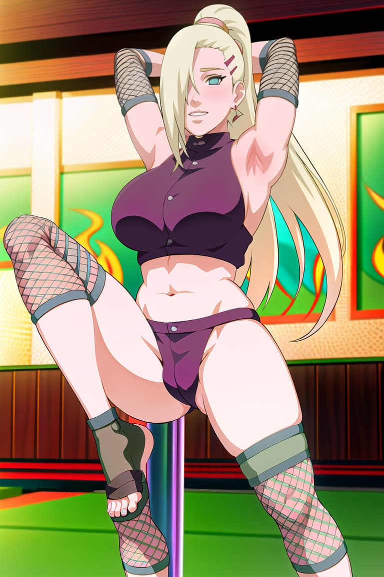  (yamanaka ino:1.2), hair down,(masterpiece, best quality:1.2), ilration, absurdres, highres, extremely detailed,fullbody,fat mons, ,game cg a is standing and one leg up and a boy is ing her and holding her legs ((standing split on body))