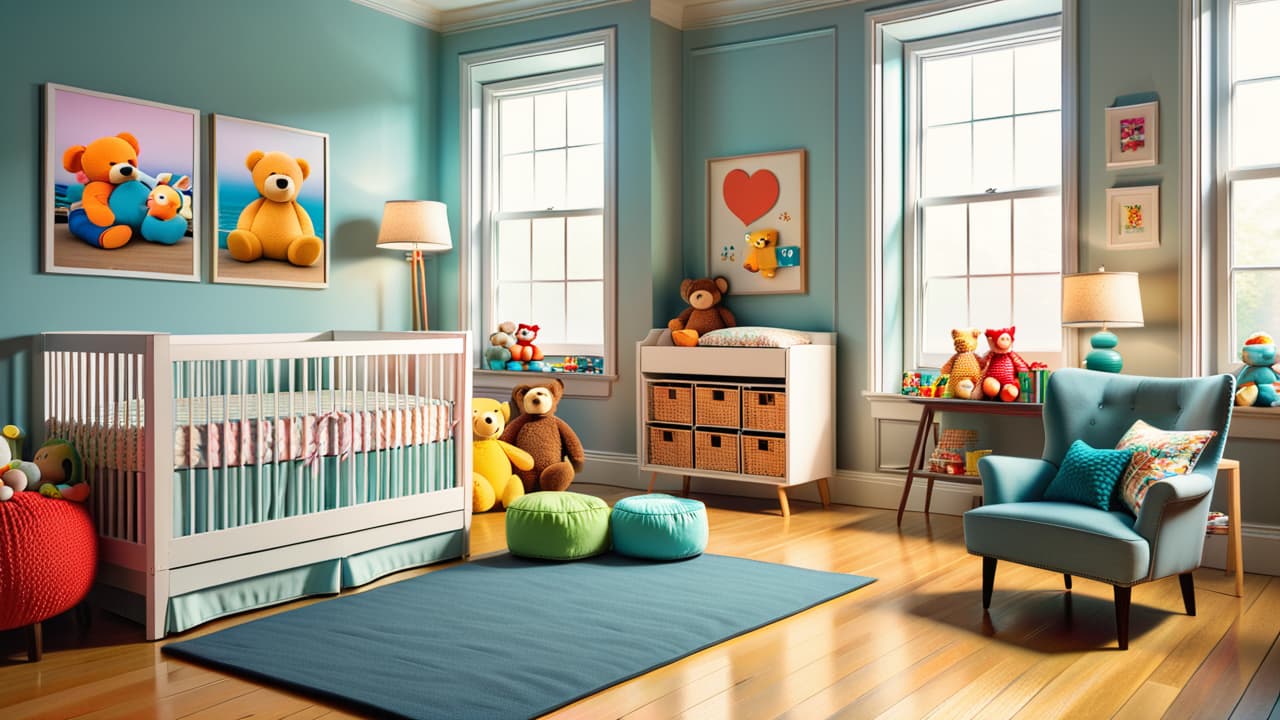  a serene nursery scene featuring an array of high quality baby products: plush toys, stylish strollers, eco friendly diapers, soft bedding, and colorful toys, all arranged neatly with natural light streaming through a window. hyperrealistic, full body, detailed clothing, highly detailed, cinematic lighting, stunningly beautiful, intricate, sharp focus, f/1. 8, 85mm, (centered image composition), (professionally color graded), ((bright soft diffused light)), volumetric fog, trending on instagram, trending on tumblr, HDR 4K, 8K