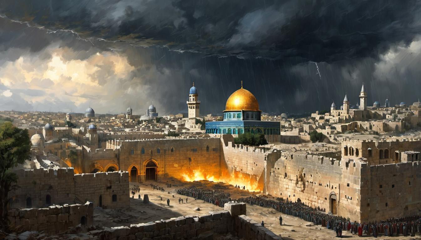  digital painting of jerusalem depicted in ruin, ominous sky, fallen structures, vivid portrayal of collapse, juxtaposition of old glory and ruin looking at viewer, dynamic pose, (intricate details, masterpiece, best quality)