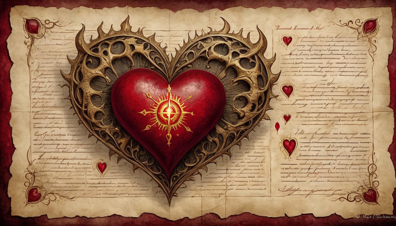  on parchment, surrealism+++, wounded heart glowing with enlightenment, painful yet illuminating, textured crimson and gold, reflective, transcendent(mysterious, provocative, symbolic,muted color)+++