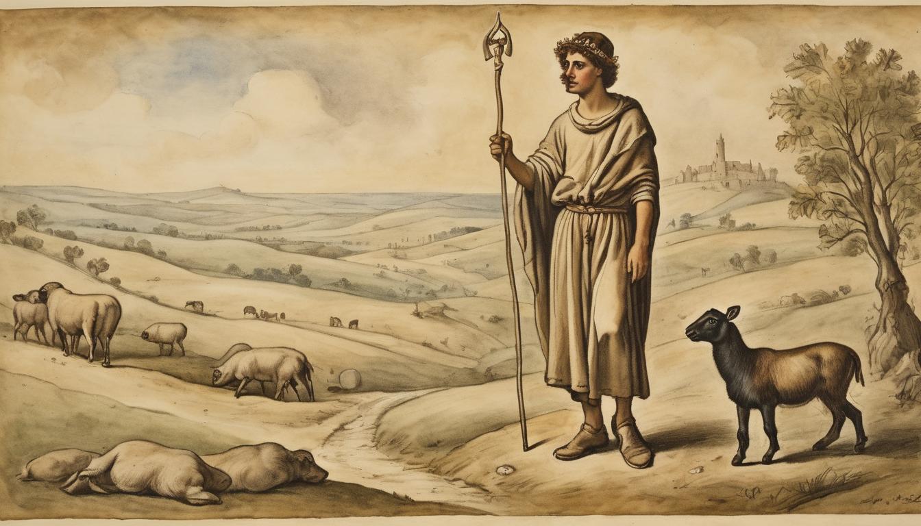  on parchment, surrealism++, young david in shepherd attire, anointed with oil, serene countryside, sense of destiny and waiting(mysterious, provocative, symbolic)++