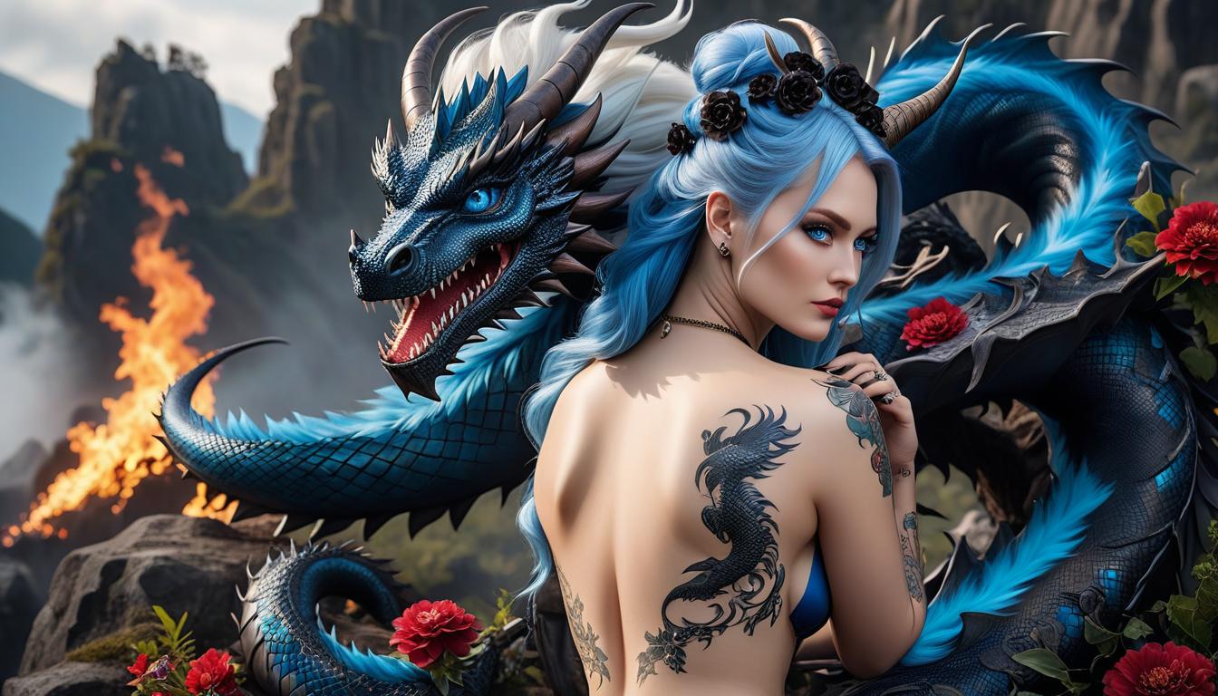  cinematic photo . dragon fire, fur, fiery fur on the bo dy, tattoos all over the bo dy, body patterns, gothic, mother of pearl skin, blue eyes, sharp teeth, long black claws, tail, flowers on the bust, buxom, curvy hips, lies on black flowers, huge fire dragon, dragon tail, debody, art, back view, back view, slightly turned head . 35mm photograph, film, bokeh, professional, 4k, highly detailed, perfecteyes, hkmagic hyperrealistic, full body, detailed clothing, highly detailed, cinematic lighting, stunningly beautiful, intricate, sharp focus, f/1. 8, 85mm, (centered image composition), (professionally color graded), ((bright soft diffused light)), volumetric fog, trending on instagram, trending on tumblr, HDR 4K, 8K