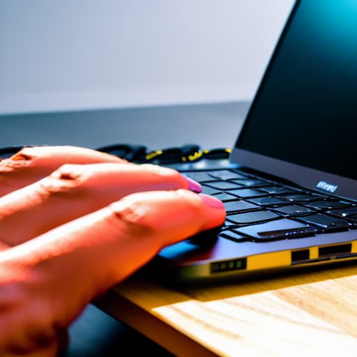  A hand with modern gear typing on the laptop keyboard. Apply the Following Styles Cyberpunk hyperrealistic, full body, detailed clothing, highly detailed, cinematic lighting, stunningly beautiful, intricate, sharp focus, f/1. 8, 85mm, (centered image composition), (professionally color graded), ((bright soft diffused light)), volumetric fog, trending on instagram, trending on tumblr, HDR 4K, 8K