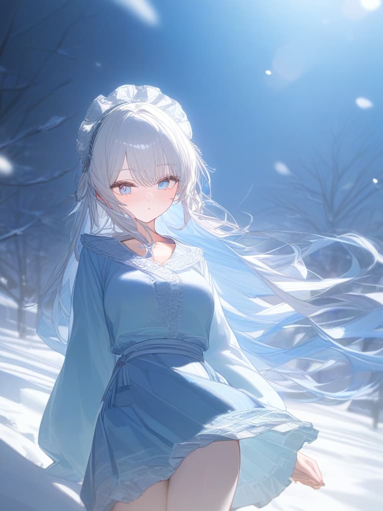  girls, white skin, white hair, long hair, light blue gradation hair color, light blue eyes, headdress, snow, frill, short yukata, masterpiece, best quality,8k,ultra detailed,high resolution,an extremely delicate and beautiful,hyper detail