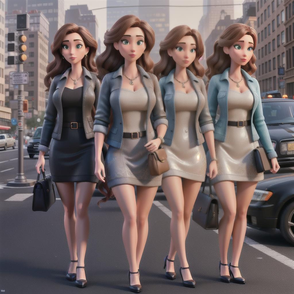  4 modern women in the streets of NYC, well dressed, high definition, very detailed hyperrealistic, full body, detailed clothing, highly detailed, cinematic lighting, stunningly beautiful, intricate, sharp focus, f/1. 8, 85mm, (centered image composition), (professionally color graded), ((bright soft diffused light)), volumetric fog, trending on instagram, trending on tumblr, HDR 4K, 8K