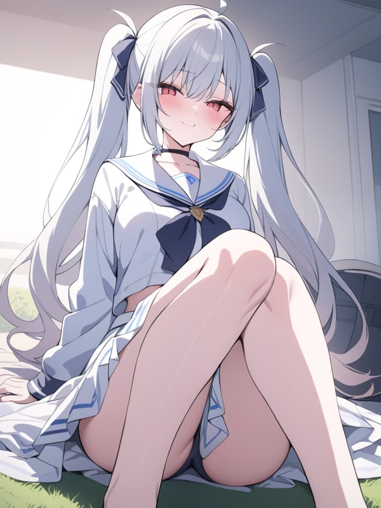  illness, twin tail, sailor suit, menhera, yandere, sitting on the ground, smile, masterpiece, best quality,8k,ultra detailed,high resolution,an extremely delicate and beautiful,hyper detail