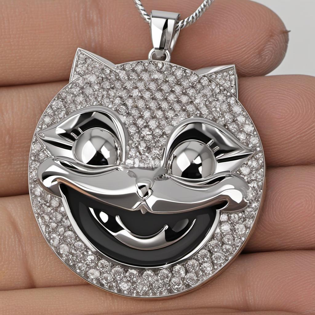  a silver pendent of the simpsons cats face studded out with different coloured diamonds/gems, profile image style