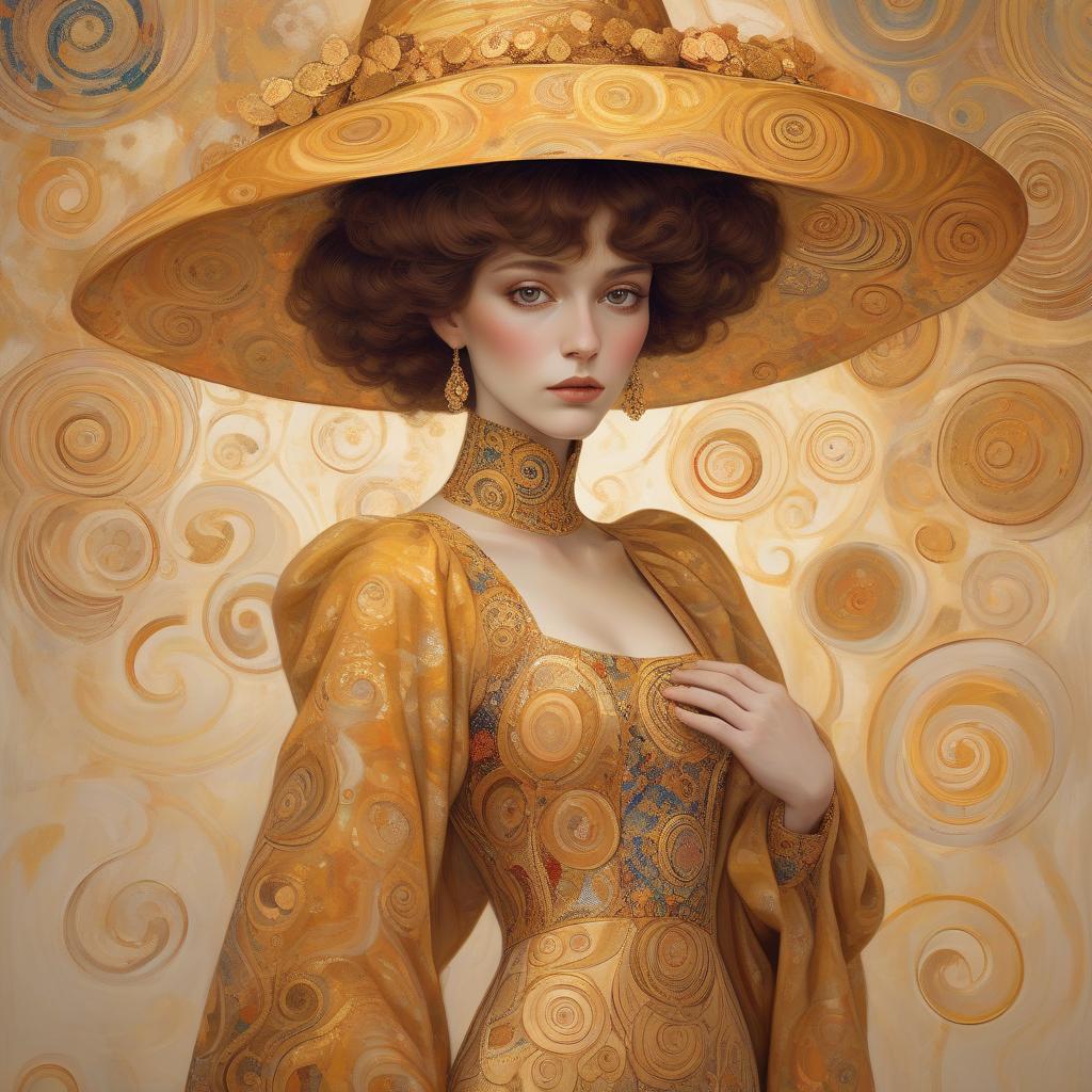  a woman with large, ornate hat and detailed garment in a style reminiscent of gustav klimt's artwork, featuring golden swirls and patterns. woman with a big elegant hat and modest dress with different colours style klimt. warm colours.