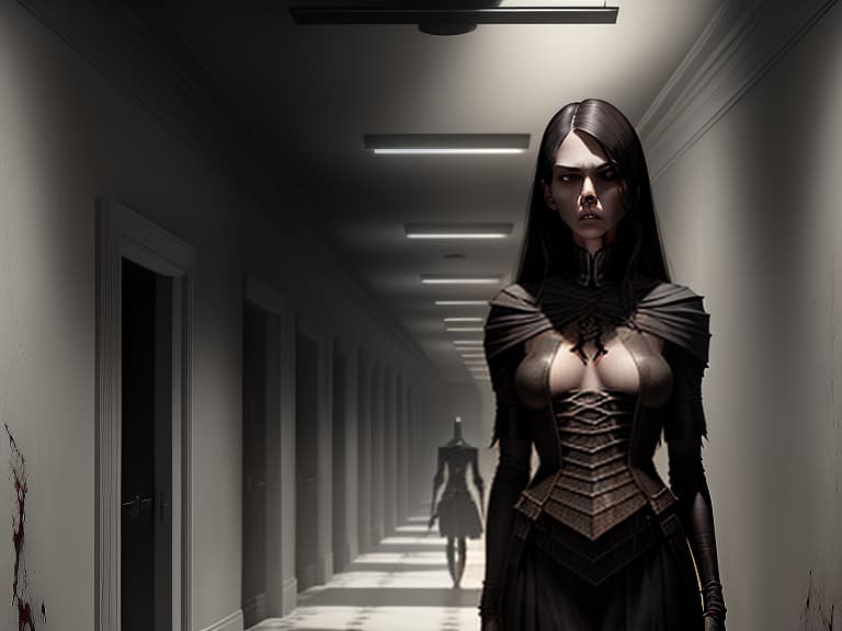  a is a student, not a perfect beauty, full of charm, a girl in the frame to the bust, in the background of the campus corridor in which she is located., dark , creepy , blood , monsters , by jason engle , carlos huante , charlie bowater , simon lee , brom