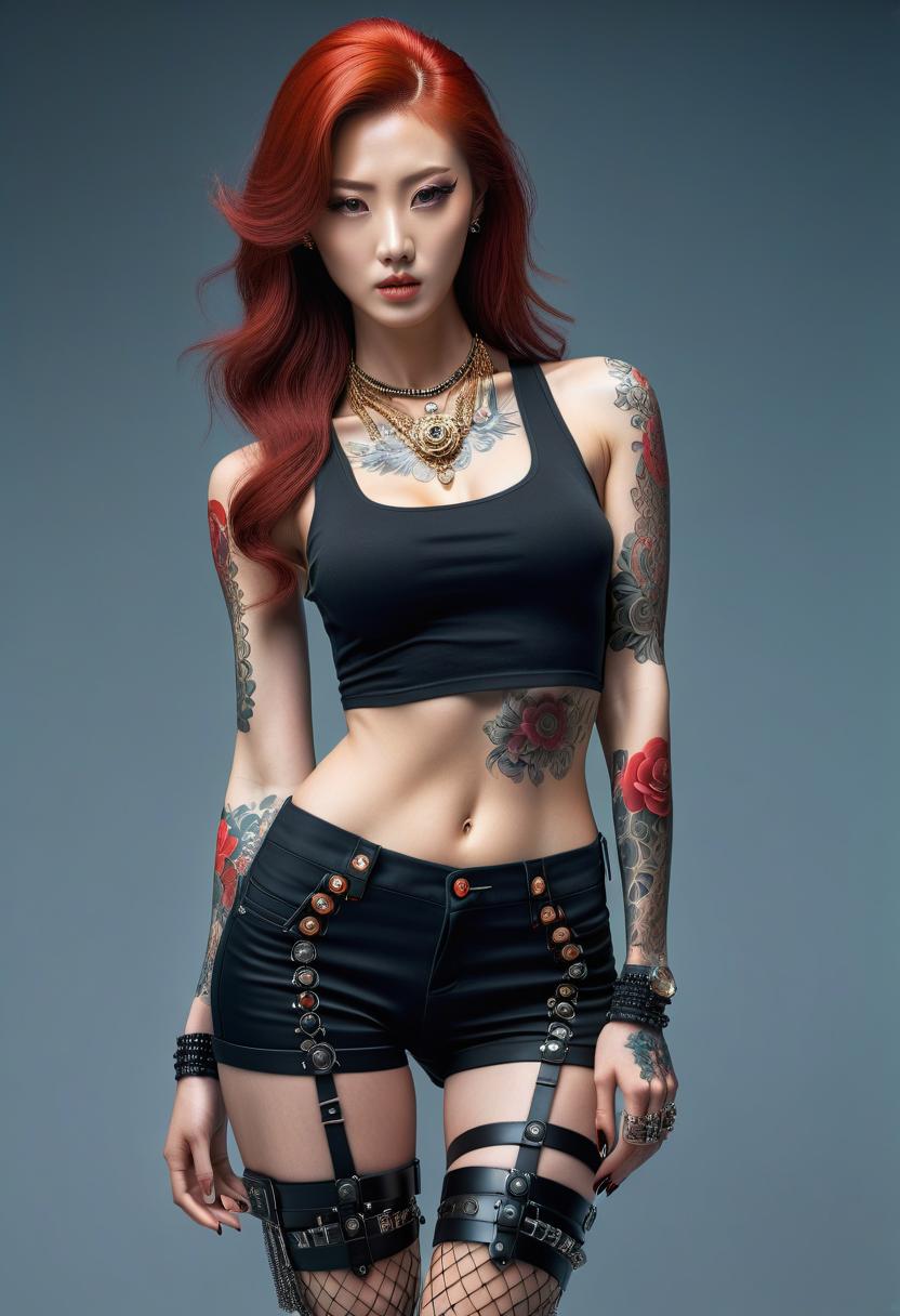  biomechanical style informal korean young , full body, show a with legs, standing , white skin, perfect skin, распущенные волосы,long red hair, red hair, delicate face, full body,( ) , slender legs, high heeled ylons, leg tattoos, round heads, fox ears on her head, build, delicate facial features, tattoo on her face, a lot of piercings on her face, , , gloss , tattoos on her arms, tattoos on her , piercing, informal style, extreme detailing, 8k, realistic, hyperrealisme, masterpiece, digital photo, . blend of organic and mechanical elements, futuristic, cybernetic, detailed, intricate, perfecteyes hyperrealistic, full body, detailed clothing, highly detailed, cinematic lighting, stunningly beautiful, intricate, sharp focus, f/1. 8, 85mm, (centered image composition), (professionally color graded), ((bright soft diffused light)), volumetric fog, trending on instagram, trending on tumblr, HDR 4K, 8K