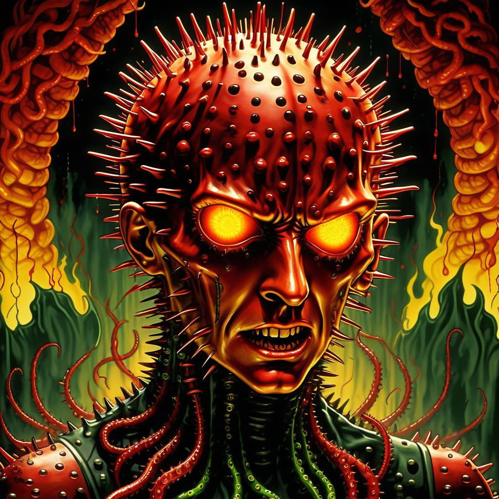  retro game art hellraiser in wings looks scary prickly red watch in yellow smoke and green sparks suction cups tentacles eyes all lower jaw sting tentacles claws and a terrible moan in red smoke . 16 bit, vibrant colors, pixelated, nostalgic, charming, fun