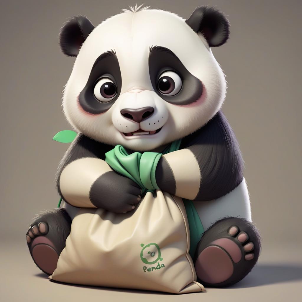  a cartoonishly cute panda hugging one bag.