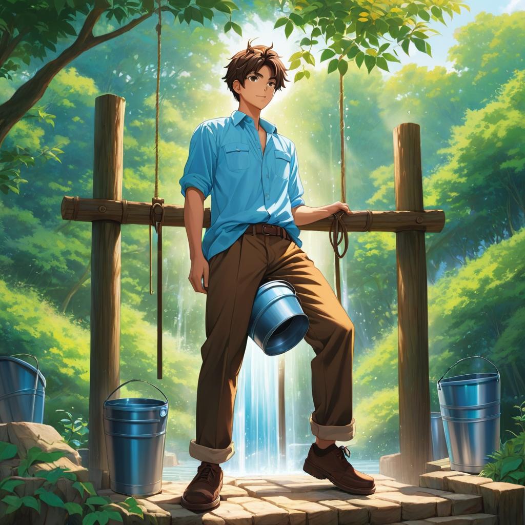  ### scene 1: fetching water **description**: a young man stands at a public well with two full pails hanging on a wooden beam. he wears a light blue shirt and brown pants. the well is surrounded by green trees and soft sunlight filters through the leaves., anime artwork, anime style, key visual, vibrant, studio anime, highly detailed