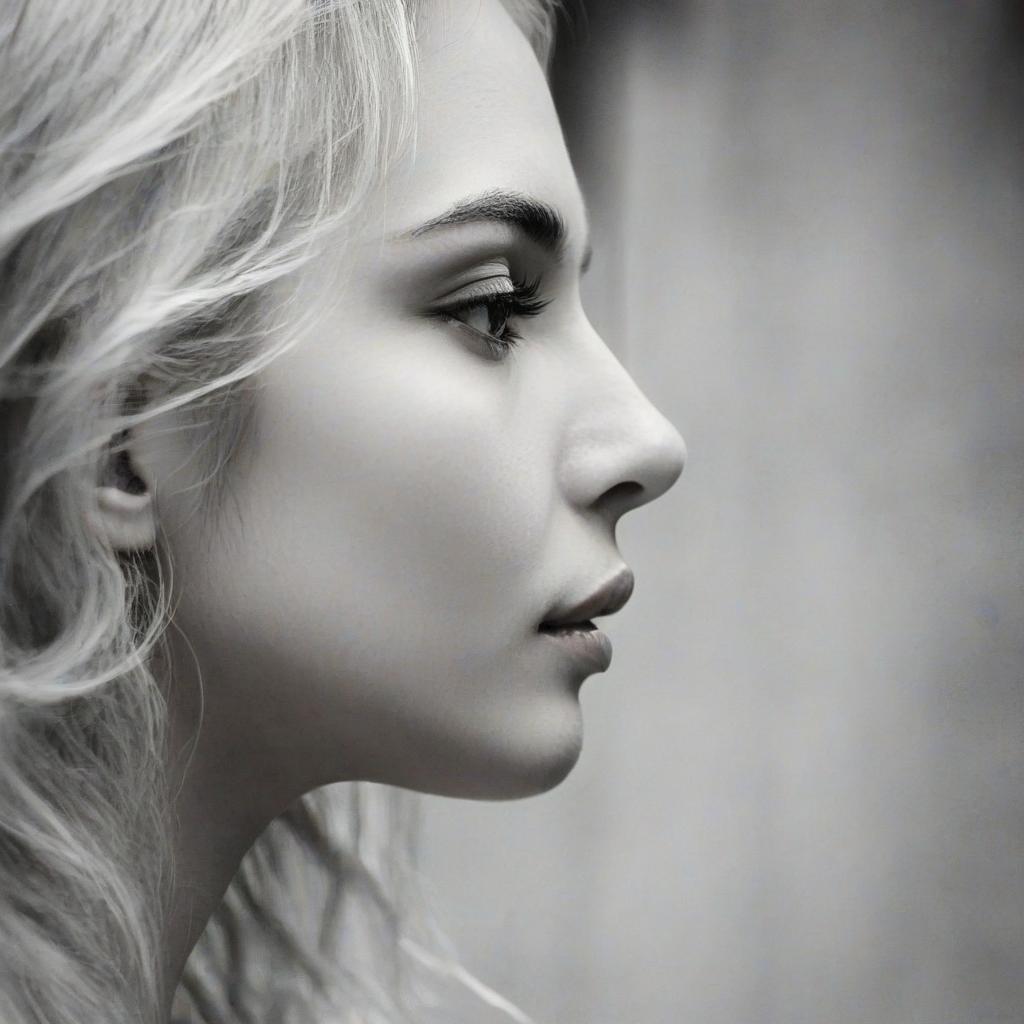  beautiful woman face, side profile, high contrast, digital art, digital painting, black and white, film photography style