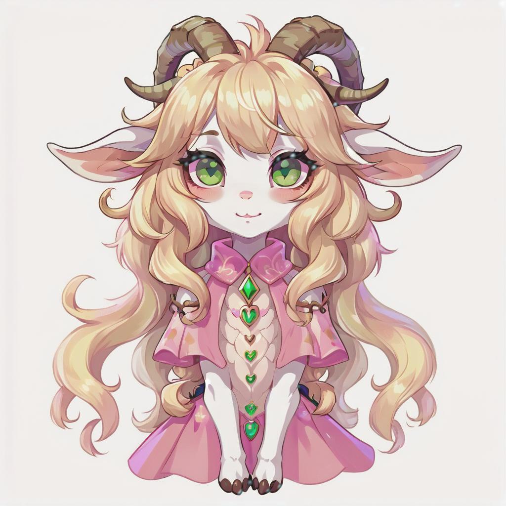  anthropomorphic goat, blonde, long hair, curls, bangs, dressed in fairy core style, green eyes. a picture is an avatar for vitubing, neutral color background, pink blush