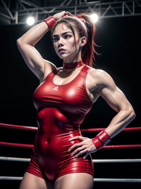  master piece, best quality, ultra detailed, highres, 4k.8k, female wrestler in red clothing, wrestling in a match, focused and determined, break strength and determination in women athletes, wrestling ring, wrestling mat, championship belt, audience, referee, break intense and competitive, dynamic action lines, spotlight on the wrestler,